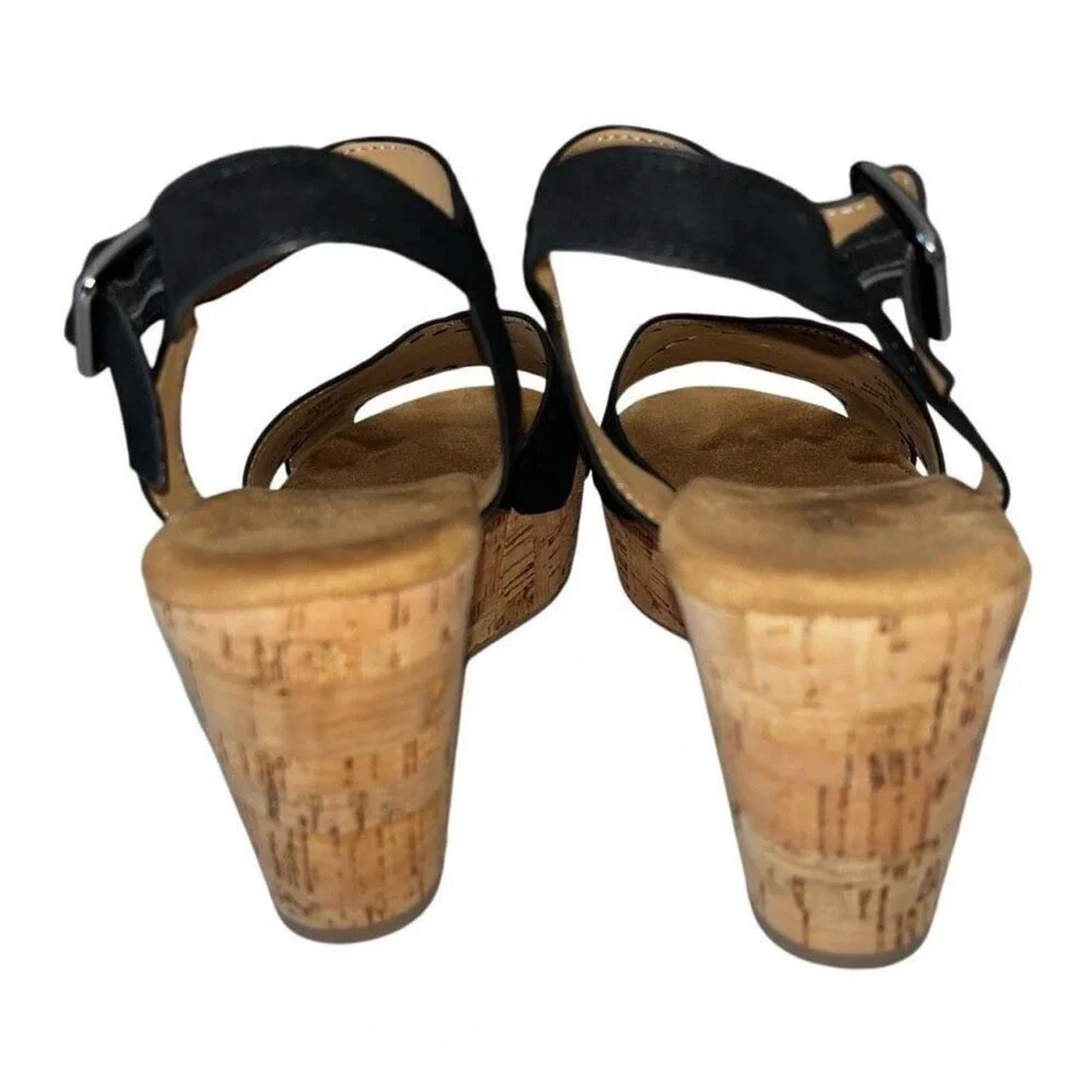 Pesaro Elle Black Faux Suede Cork Wedge‎ Sandals Perforated Strappy Size 8